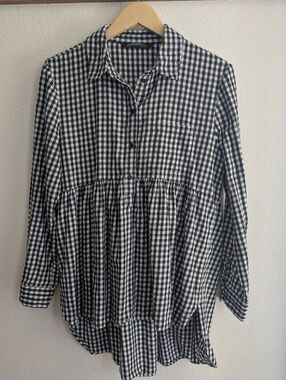 Zara Premium Denim Collection Black And White Gingham Popover Tunic Shirt